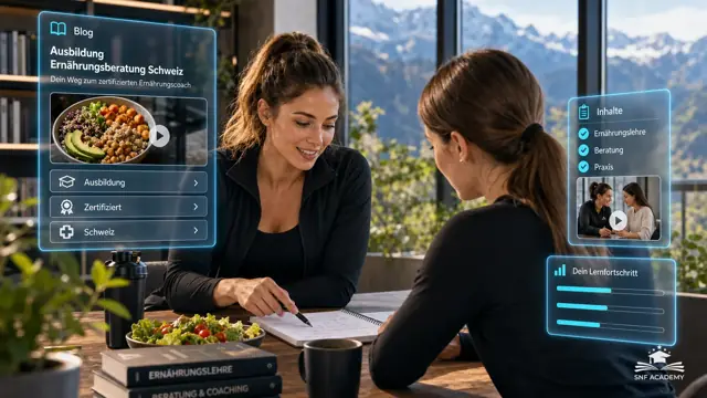Ernährungscoachin berät eine Kundin, Schweizer Berglandschaft durch Fenster, helles Büro