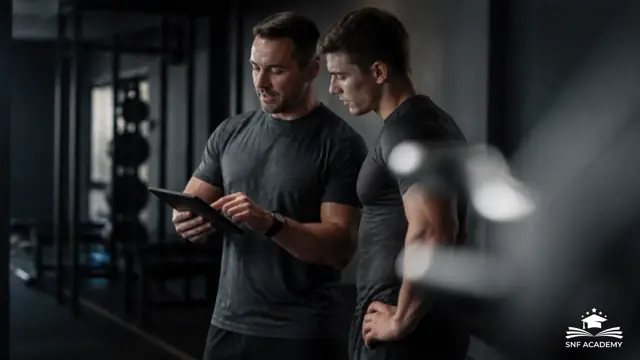 Performance Coach bespricht mit einem Athleten einen Trainingsplan auf dem Tablet. Thema: