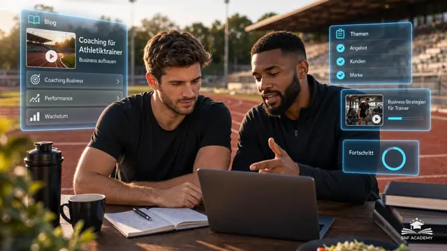 Coach bespricht mit einem Athletiktrainer den Businessplan, Sprintbahn im Hintergrund. Thema: Athletic Performance Trainer Ausbildung in der Schweiz