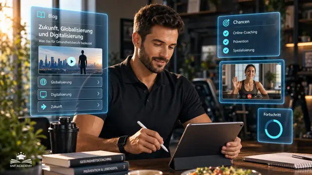 Gesundheitscoach arbeitet mit Tablet und Smartwatch-Daten, Kundin im Videocall, modernes Büro