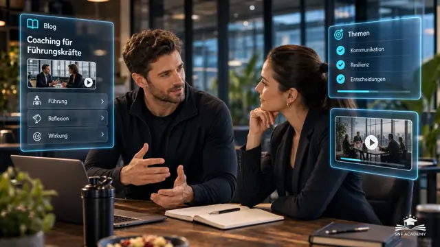 Coach im Gespräch mit einer Führungskraft in einem modernen Büro mit Glaswand