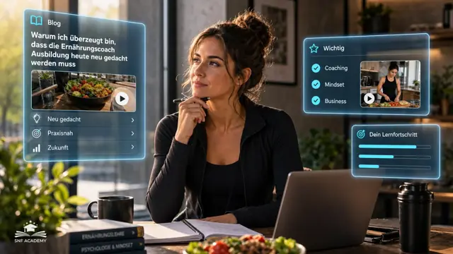 Ernährungscoachin denkt am Fenster über ein Konzept nach, Laptop und Notizen, modernes Büro