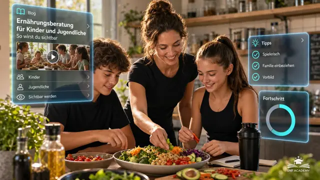Ernährungscoachin kocht mit zwei Jugendlichen einen bunten Teller, helle Kochschule. Thema: Ein gesundes Vorbild für die Kinder