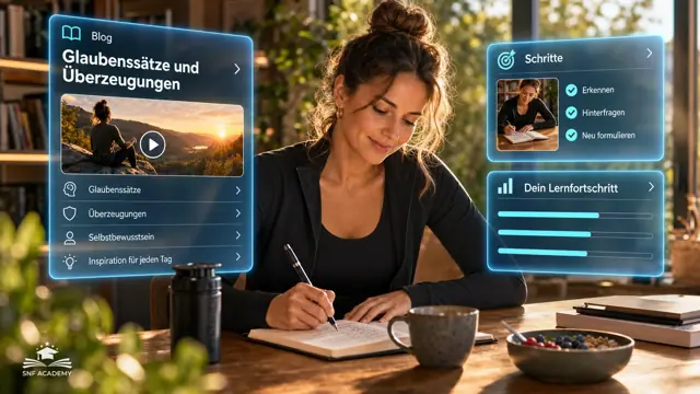 Frau schreibt neue Glaubenssätze in ein Notizbuch, Morgenlicht am Holztisch. Thema: Enttäuschungen im Leben