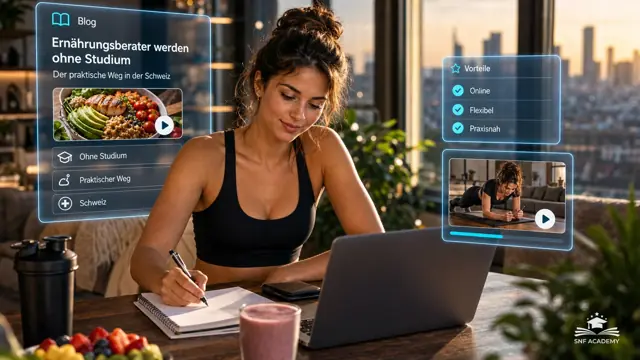Junge Frau ohne Studium lernt motiviert online, Notizen und Smoothie, Wohnung mit Stadtblick. Thema: Ernährungsberatung Ausbildung Erfahrung