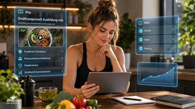 Interessentin liest am Tablet Informationen zur Ausbildung, Gemüse und Tee, helle Küche