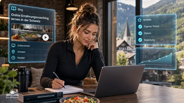 Frau lernt am Laptop Ernährungscoaching, Schweizer Bergdorf durch das Fenster. Thema: Ernährungscoach Ausbildung Erfahrung Graubünden – Daniela (39) über die Lehrgänge an der SNF Academy