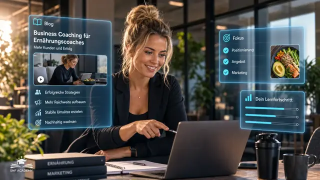 Ernährungscoachin präsentiert Coach ihr Umsatzwachstum am Laptop, modernes Büro. Thema: Ernährungscoach und Personal Trainer Ausbildung mit Business Coaching