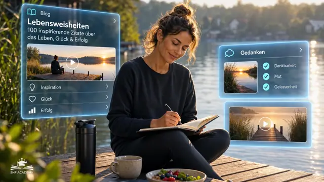 Frau sitzt mit Notizbuch auf einem Steg am See und schreibt Gedanken auf, ruhiger Morgen. Thema: Einsamkeit! Immer mehr Menschen sind einsam