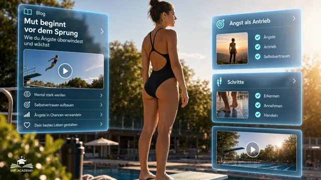 Frau steht mutig am Rand eines Sprungbretts im Freibad, Sonnenlicht