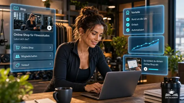 Studioinhaberin richtet am Laptop einen Online-Shop ein, Studio im Hintergrund