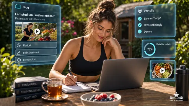 Frau lernt entspannt im Garten am Laptop, Tee und Notizbuch, Sommerlicht