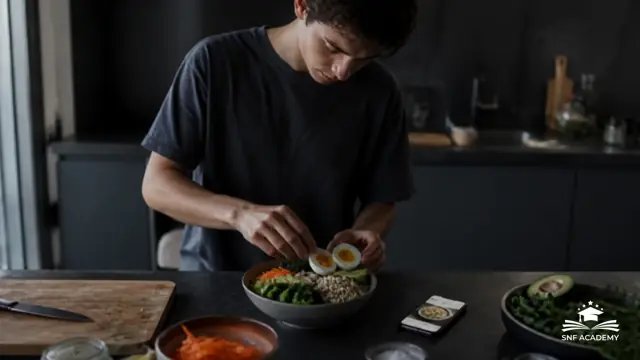 Junge Person bereitet in einer dunklen Küche eine Bowl mit Gemüse und Ei zu