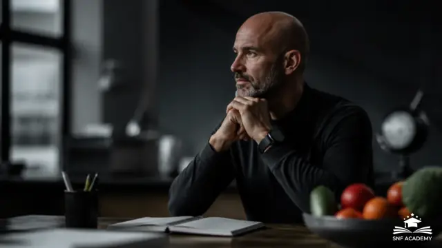 Mental Coach sitzt nachdenklich am Schreibtisch mit Notizbuch und frischem Gemüse. Thema: Mental Coaching Ausbildung Schweiz