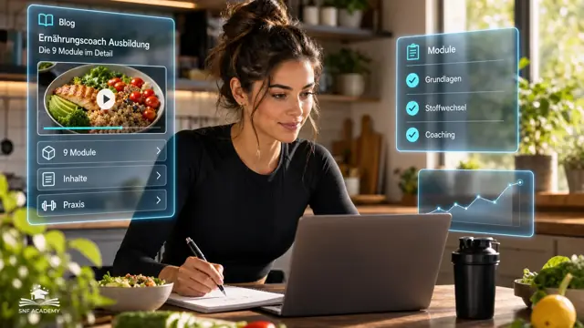 Teilnehmerin schaut am Laptop eine Videolektion über Makronährstoffe, Notizen und Gemüse, helle Küche