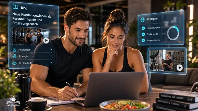 Personal Trainer und Ernährungscoachin planen eine Kampagne am Laptop, Studio-Lounge