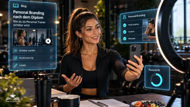 Junge Personal Trainerin filmt sich mit dem Smartphone im Studio für Social Media, Ringlicht. Thema: Personal Branding