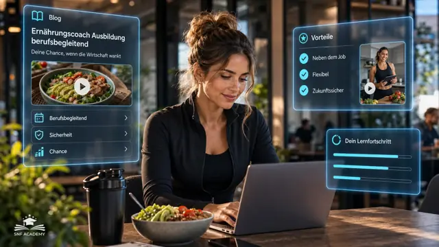 Frau lernt in der Mittagspause am Laptop, Bowl neben der Tastatur, modernes Büro