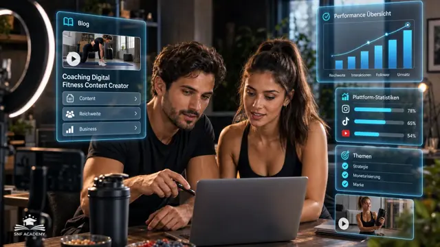 Coach analysiert mit einer Fitness-Creatorin ihre Social-Media-Statistiken, Ringlicht und Laptop