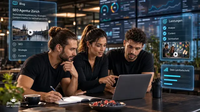 Marketing-Team analysiert Suchmaschinen-Daten auf grossen Bildschirmen, modernes Büro in Zürich. Thema: Was ist der Unterschied zwischen SEM, SEA & SEO?