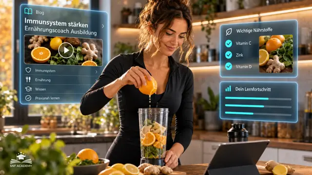 Frau bereitet einen Smoothie mit Zitrusfrüchten und Ingwer zu, Herbstlicht in der Küche. Thema: Was sind Antioxidantien?